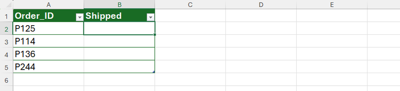 An Excel table with column A containing order IDs and column B (blank) configured for entering shipping dates.