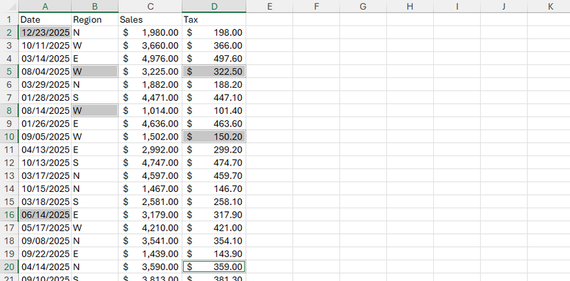 Hình 2: Một trang tính Excel với ngày tháng ở cột A, khu vực ở cột B, doanh số ở cột C và thuế ở cột D, và một số ô ngẫu nhiên được chọn.