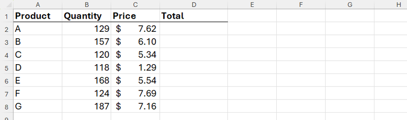 An Excel worksheet with products in column A, quantities in column B, prices in column C, and an empty column D headed 'Total.'