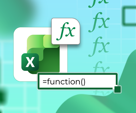 An illustration featuring the Excel logo, function symbols, and a formula bar showing '=function()' against a green and blue abstract background.
