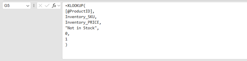 An XLOOKUP formula divided into separate rows in Excel's formula bar.