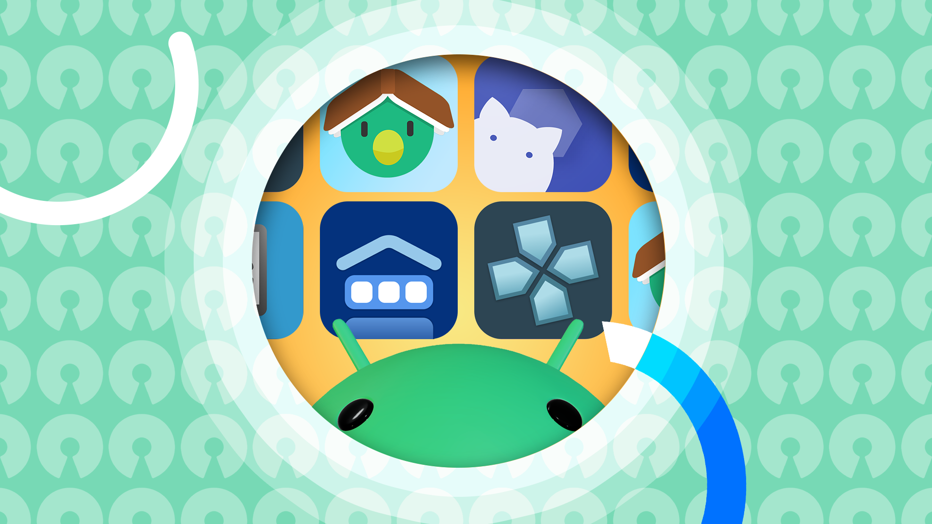 Android mascot peeking into a circular window filled with icons of open-source Android apps, set against a blue background patterned with open-source symbols.