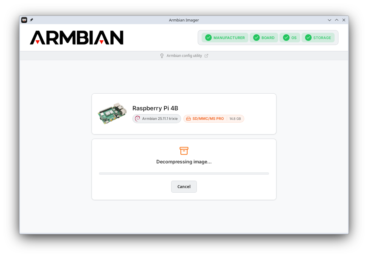 Armbian Imager decompressing an image file.