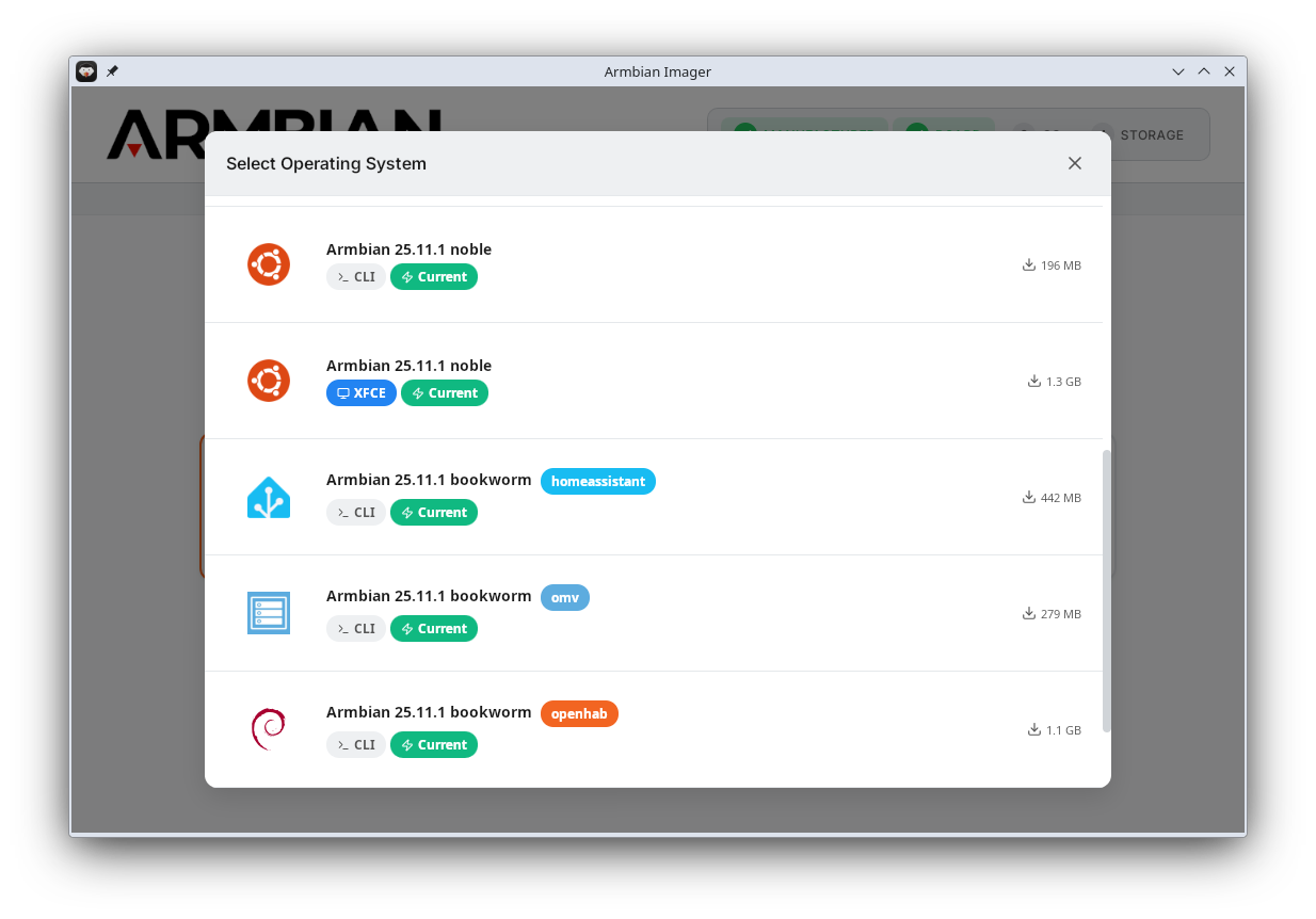 Armbian Imager image selections screen.