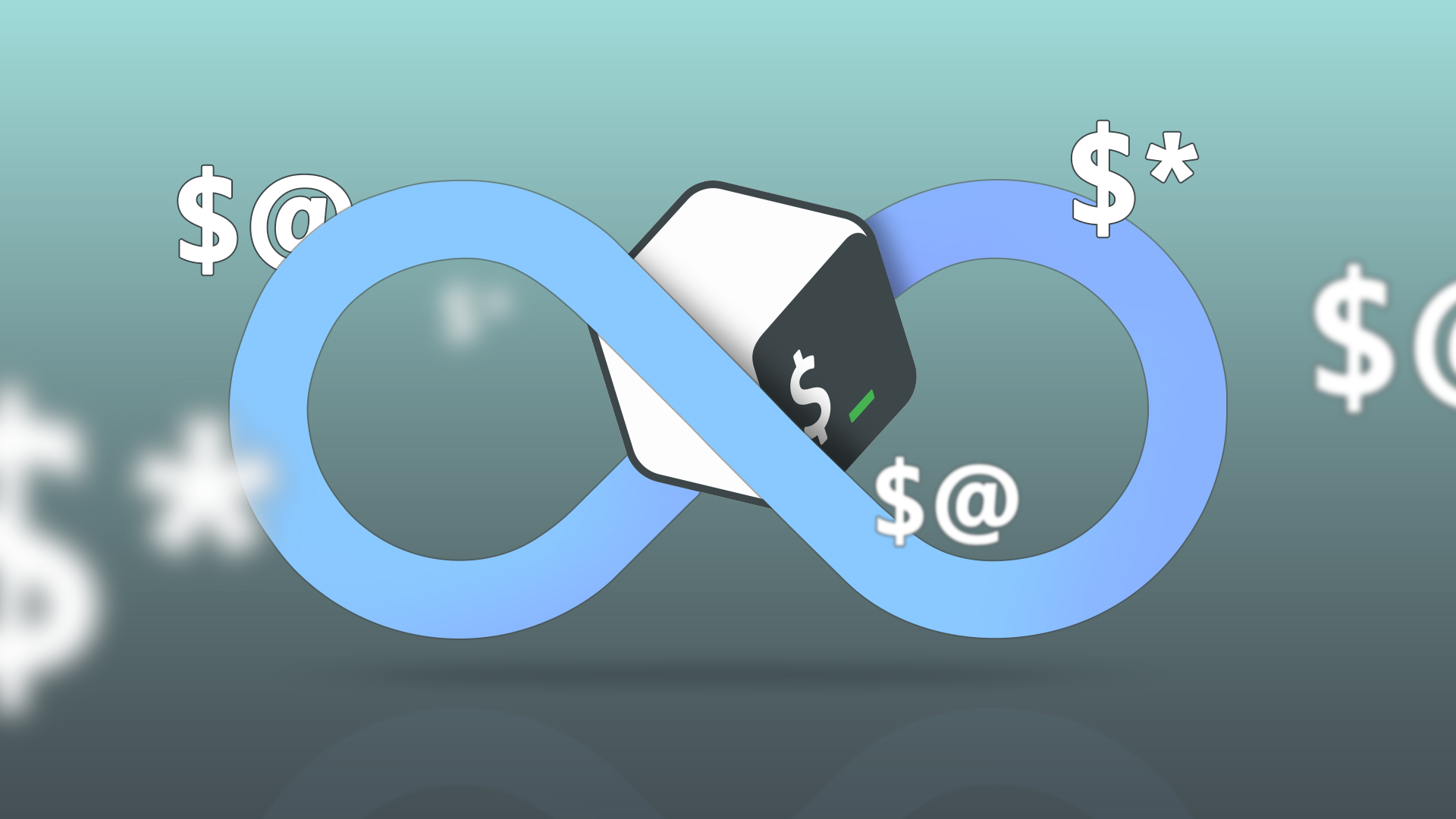 Bash terminal icon inside an infinity loop surrounded by parameter expansion symbols.
