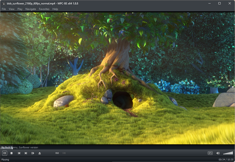 Escena inicial de Big Buck Bunny en MPC-BE.