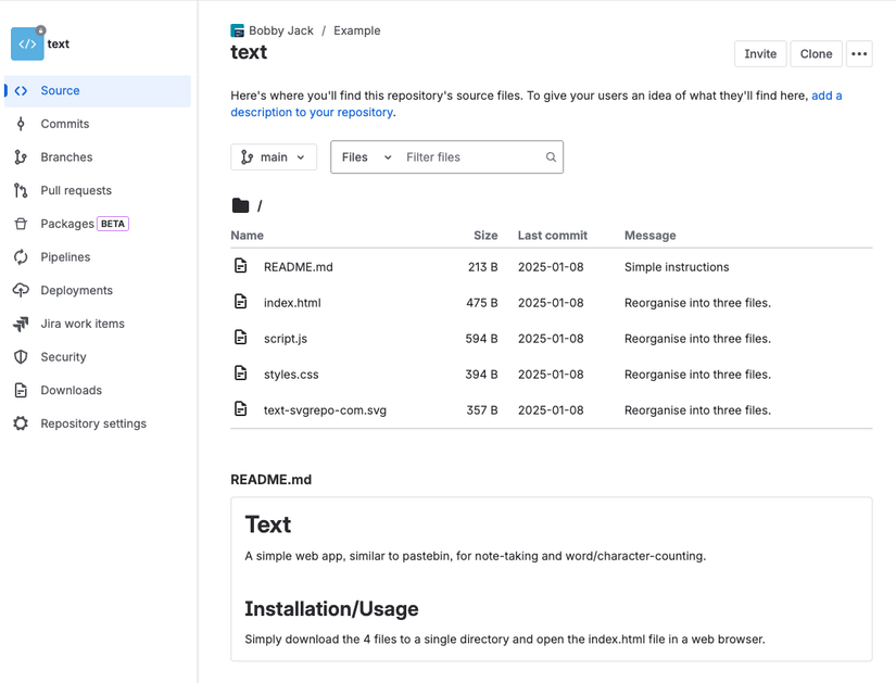 Uma página do repositório Bitbucket mostrando um menu com itens como Fonte, Commits e Branches ao lado de uma lista dos arquivos do repositório e uma prévia de seu README.