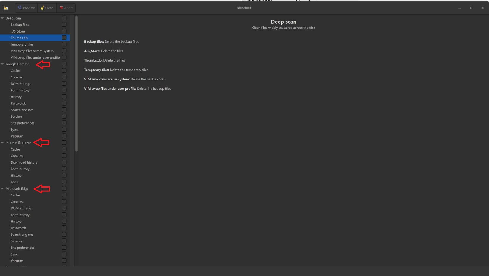 Uma captura de tela do aplicativo Bleachbit do Windows abre a página de verificação profunda, onde você pode escolher os itens a serem limpos.