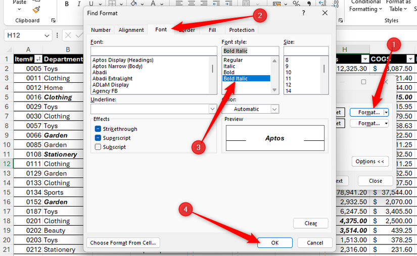 In the Find Format dialog box in Excel, bold italic is selected.