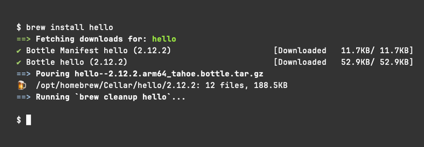A brew install command explains that it’s fetching downloads for a package, then installing it.