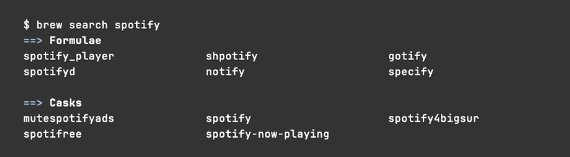 O comando brew search mostrando diversas fórmulas e barris relacionados ao Spotify.