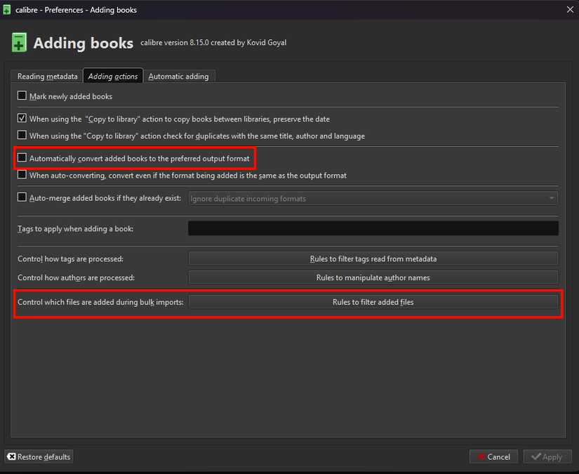 Menu de preferências para adição de livros do Calibre