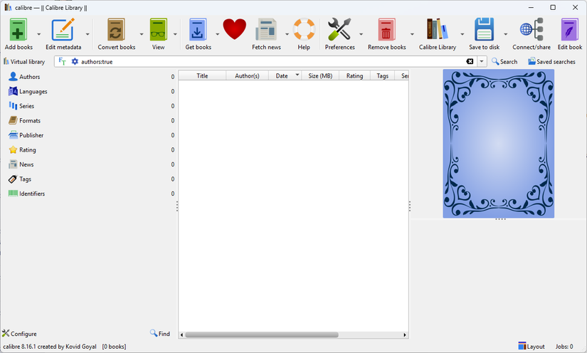 Calibre sem nenhum livro aberto.