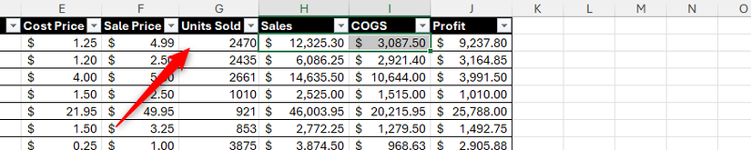 As células H2 e I2 em uma planilha do Excel são destacadas porque a célula G2 foi selecionada e o atalho Ctrl+]foi pressionado.