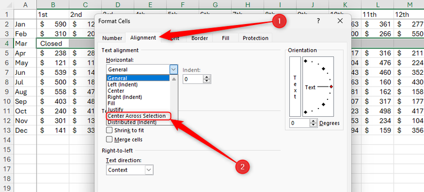 The Center on Selection option is selected from the Horizontal menu on the Alignment tab of Excel's Format Cells dialog box.