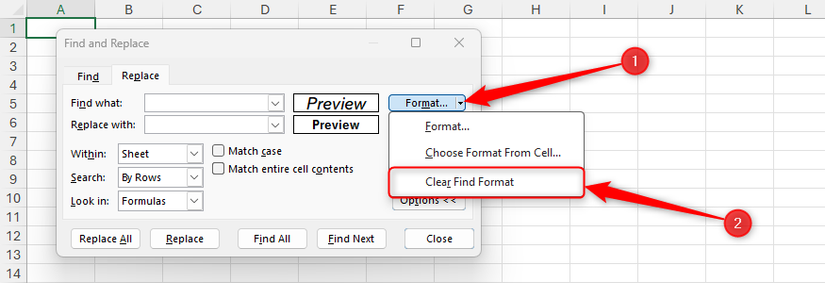 In Excel's Find and Replace dialog box, the Clear Search Format option is selected.