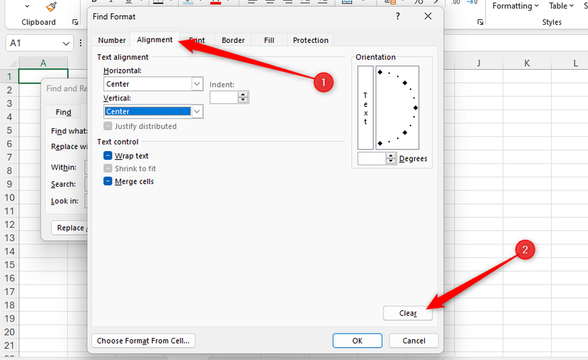 Clear is selected on the Alignment tab of Excel's Find Format dialog box.