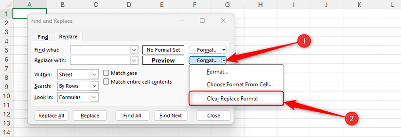 In Excel's Find and Replace dialog box, the Clear Replacement Format option is selected.