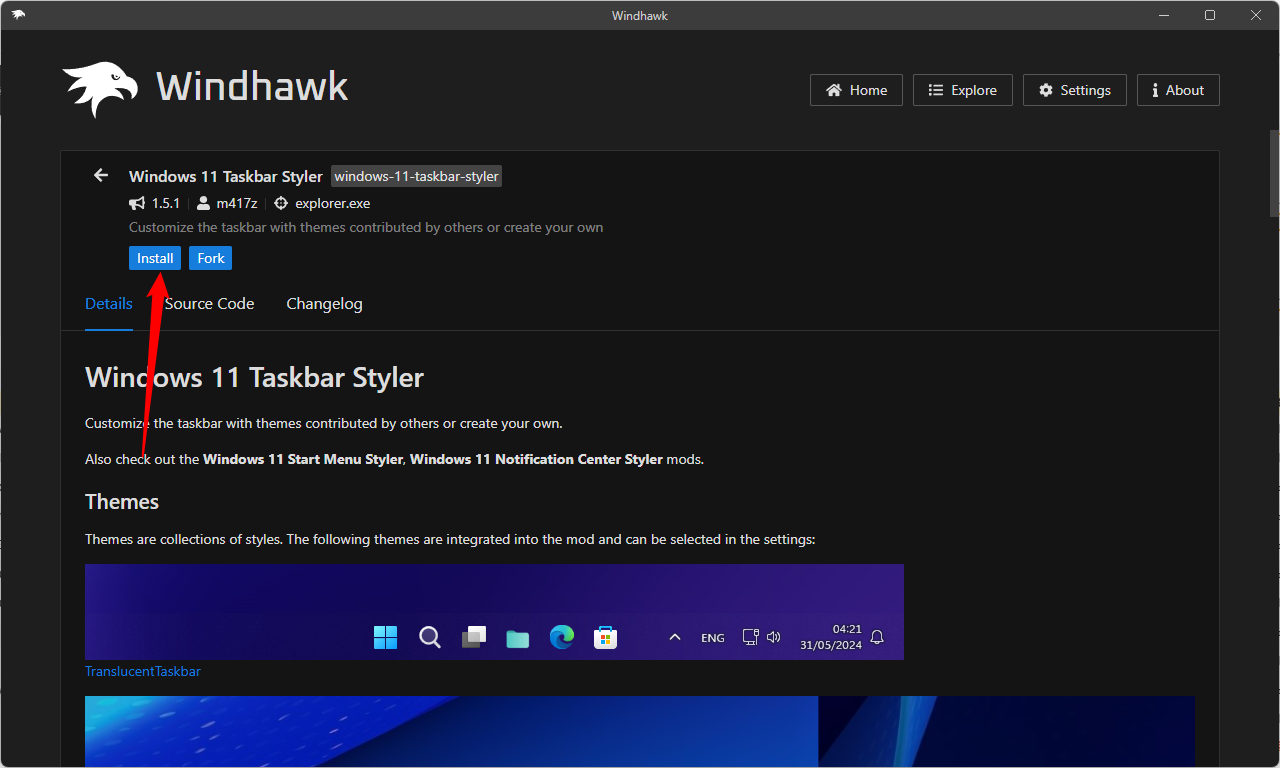 Click install to add a mod to Windhawk and enable it on your PC.