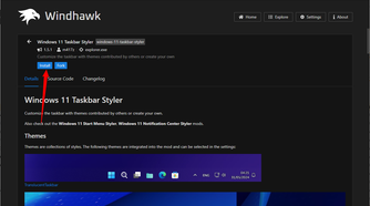 Click install to add a mod to Windhawk and enable it on your PC.