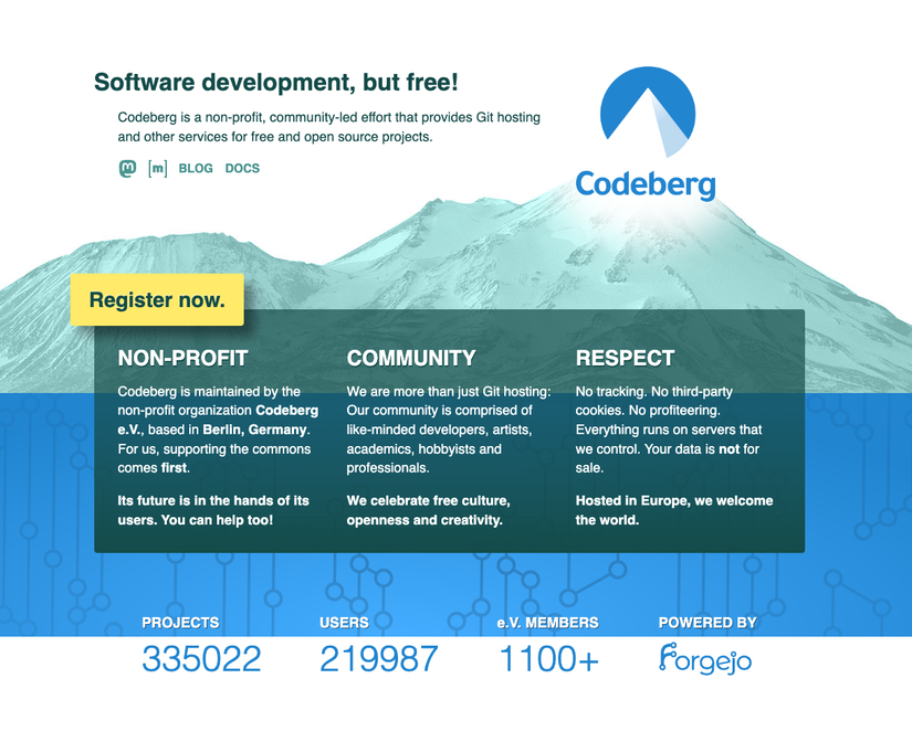 A página inicial do CodeBerg explica que é um host sem fins lucrativos de projetos de código aberto, com mais de 200.000 usuários.