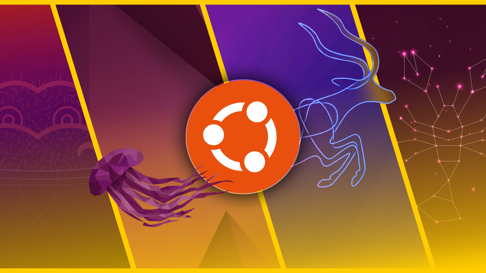 Collage of Ubuntu wallpapers, with the Ubuntu logo centered.