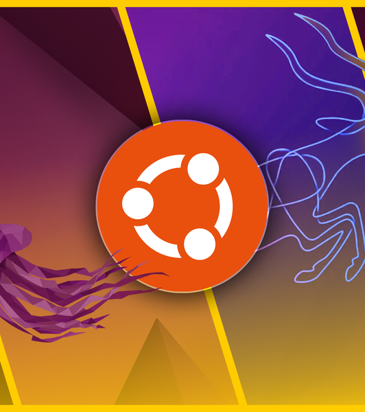 Collage of Ubuntu wallpapers, with the Ubuntu logo centered.