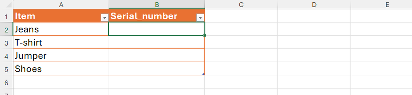 Column A of an Excel spreadsheet is titled Item and contains miscellaneous clothing items; Column B is titled Serial_Number and is currently empty.