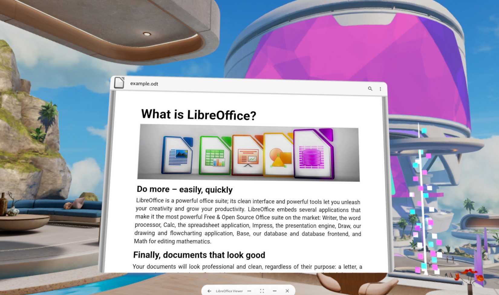 Screenshot of LibreOffice on a Quest headset