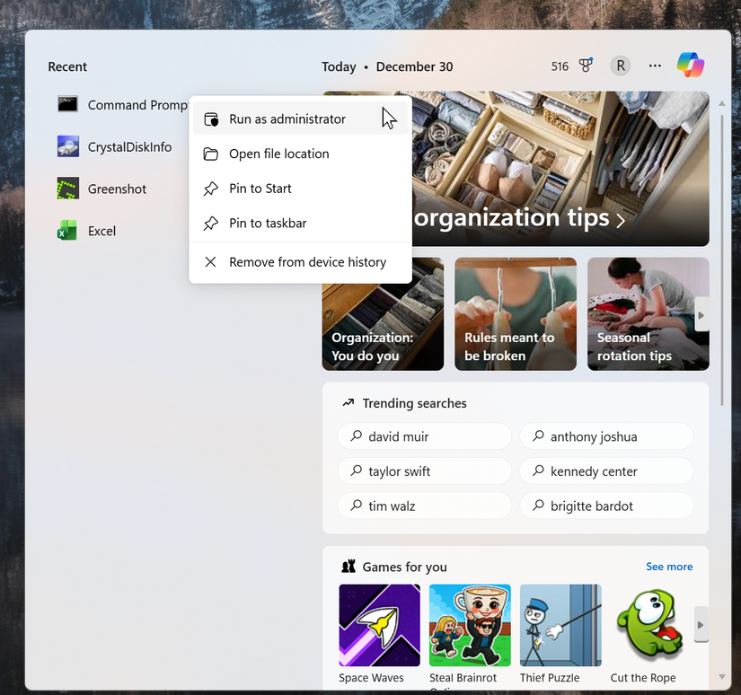 Screenshot of the Windows Start menu with the Command Prompt context menu open. Run as administrator is highlighted.