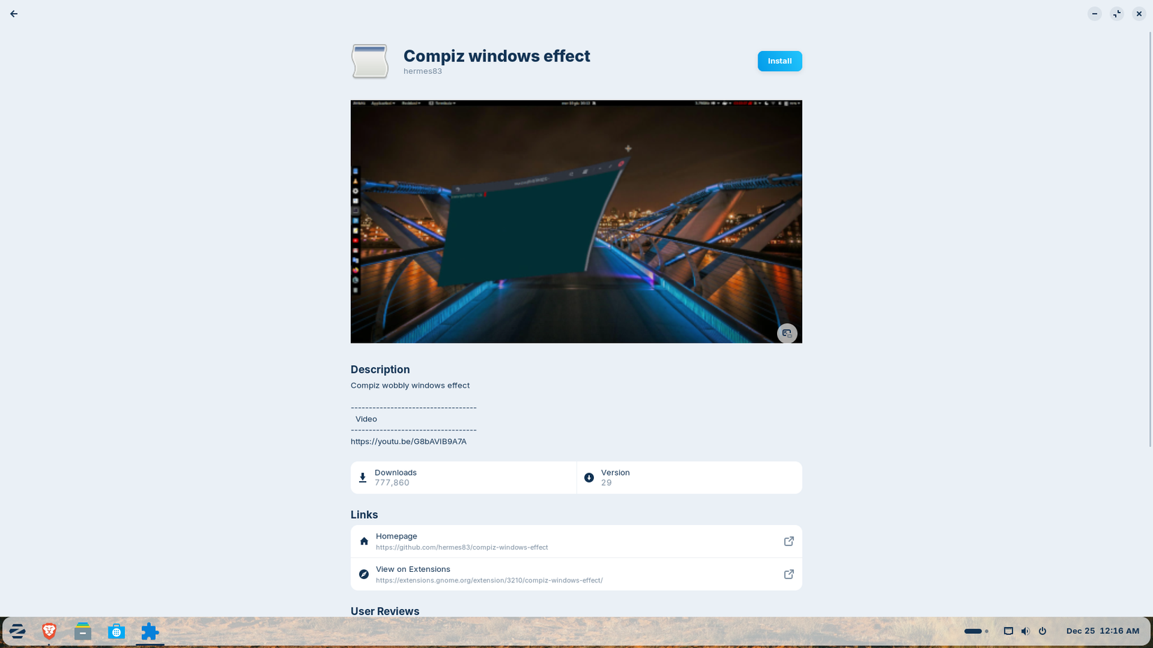 Compiz effect in GNOME extension manager.