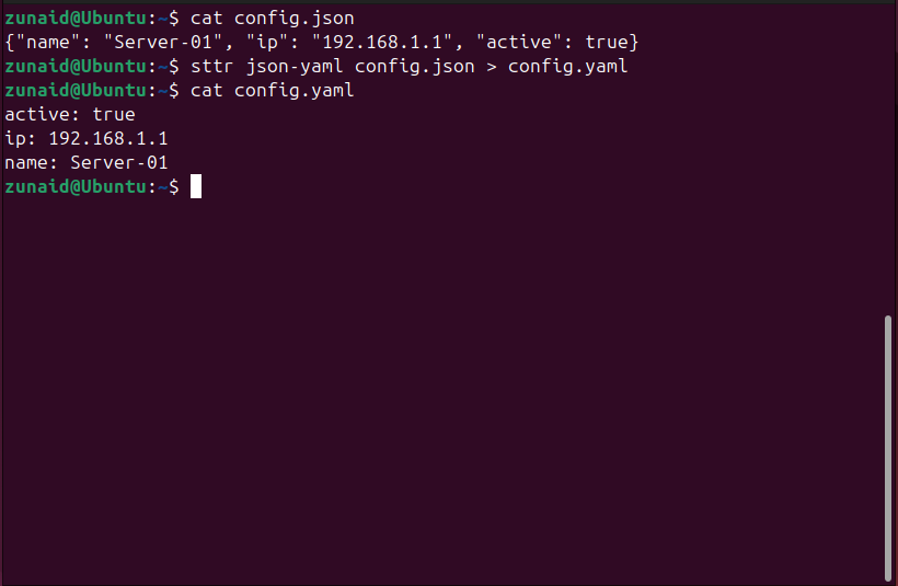Converting a JSON file to YAML using sttr.