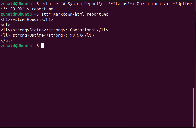Converting a Markdown file to HTML using sttr.