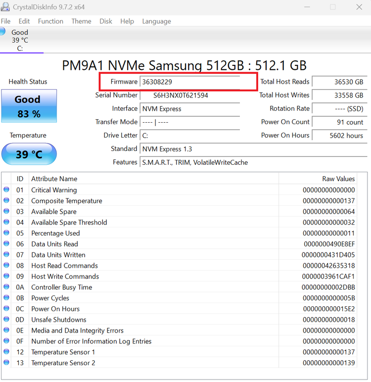 Screenshot of CrystalDIskInfo, an SSD diagnostic tool, with the Firmware section highlighted in red.