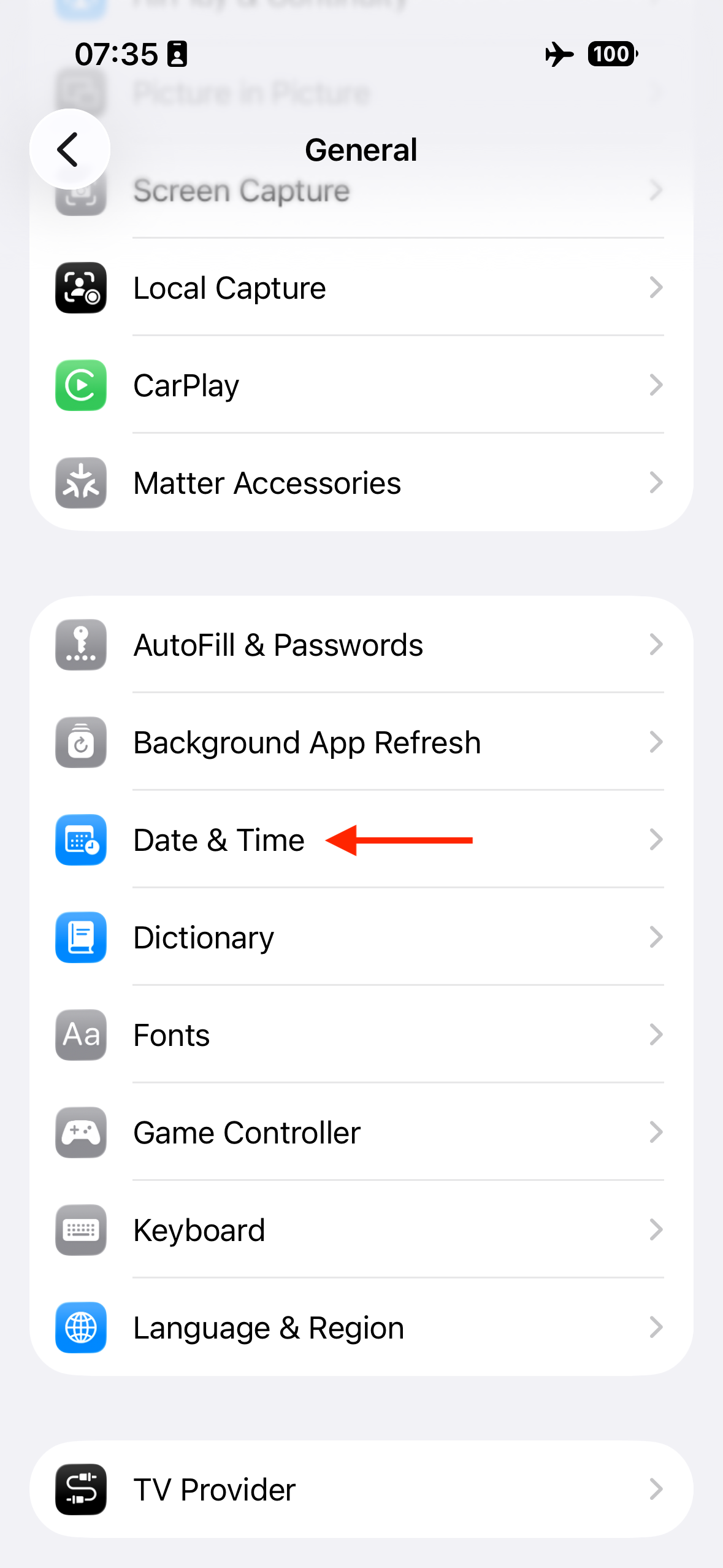 Date and Time in the General settings on an iPhone.