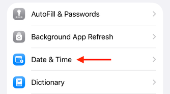 Date and Time in the General settings on an iPhone.