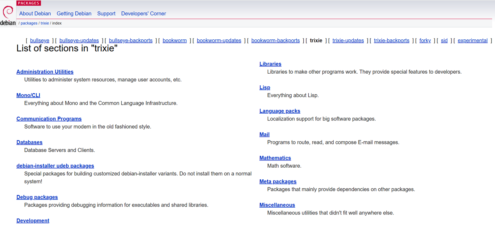 Seções de pacotes no Debian Trixie.