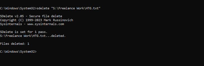 Deleting a file using the sDelete command in a command line application.