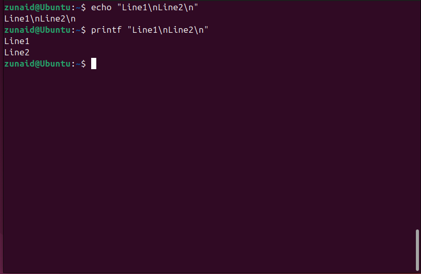 Demonstration of the different behavior of echo and printf when handling a newline character.