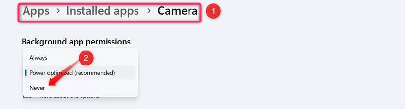 Desativando as permissões do aplicativo Backgronud do aplicativo Câmera no aplicativo Configurações.
