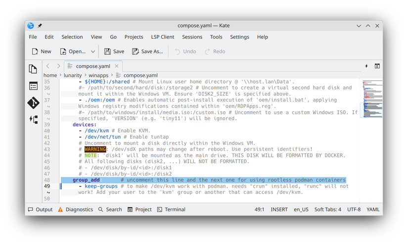 Editing compose.yaml in KATE.