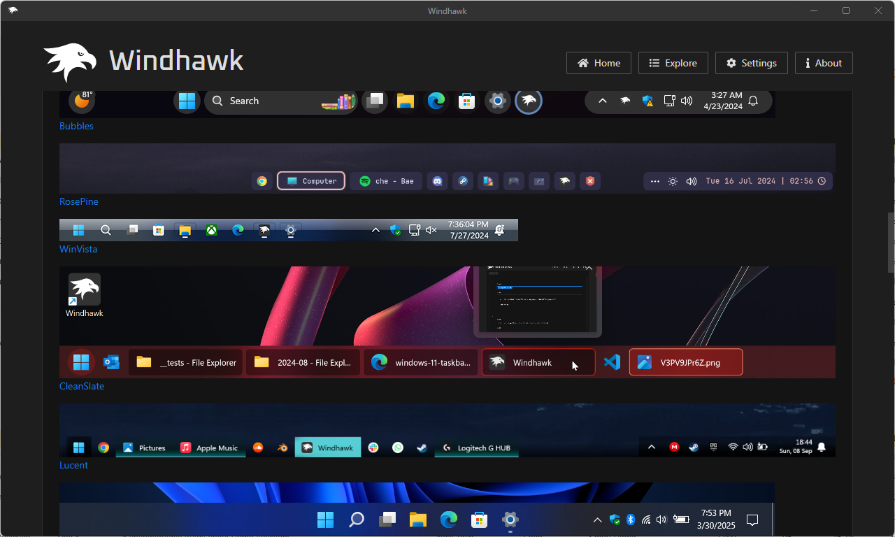 Even more of the Windhawk taskbar style options.