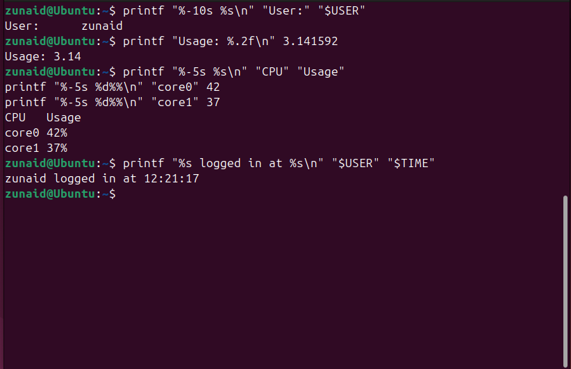Examples showing formatting data, handling numeric values, and using variables using the printf command in Linux.