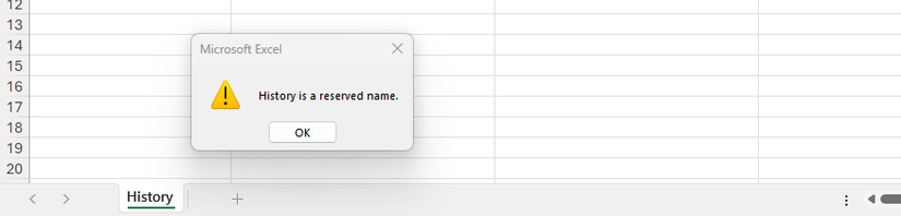 Excel блокує вкладку аркуша під назвою «Історія».