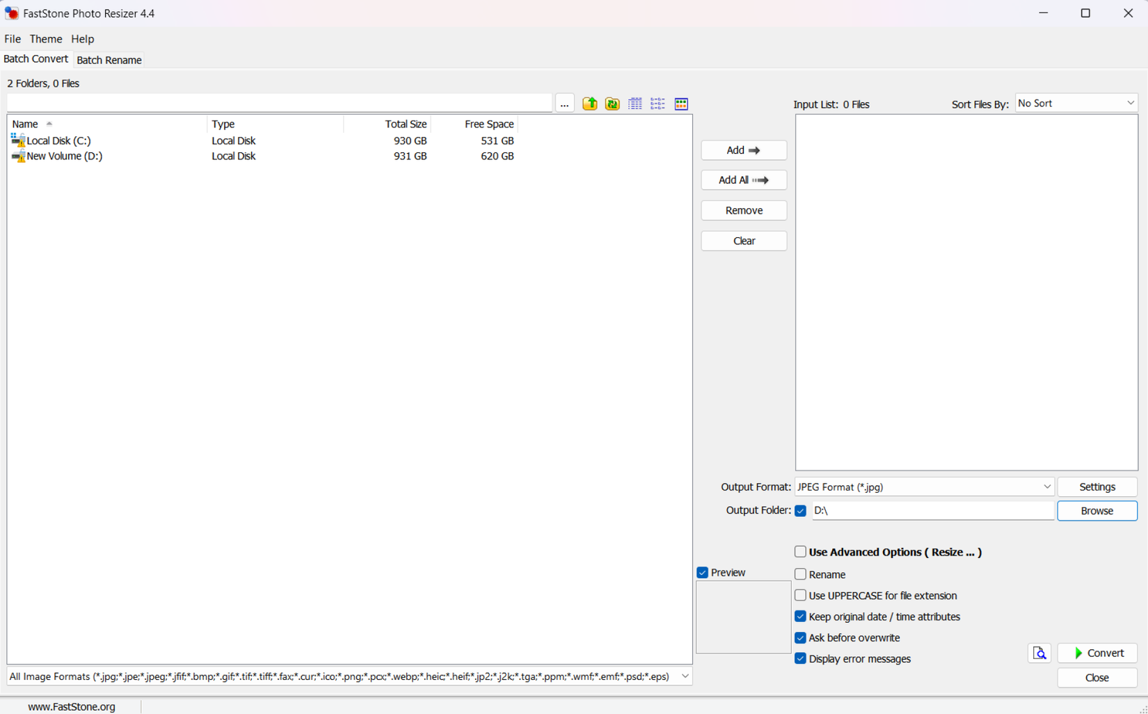 The home screen of the FastStone Photo Resizer app. 
