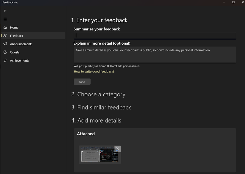 Uma janela do Windows Feedback Hub mostrando uma captura de tela anexada. 