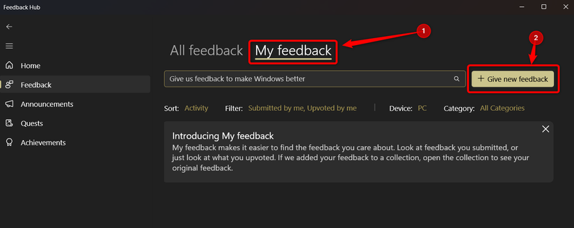 Отправка отзыва в приложении Feedback Hub.