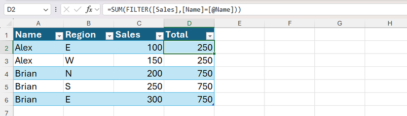 FILTER wrapped inside SUM in an Excel table to produce row-by-row results.
