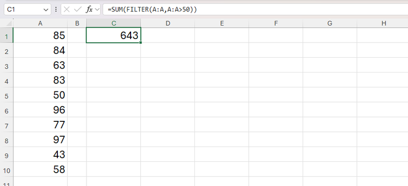 FILTER wrapped inside SUM in Excel to produce a single result rather than a spilled array.
