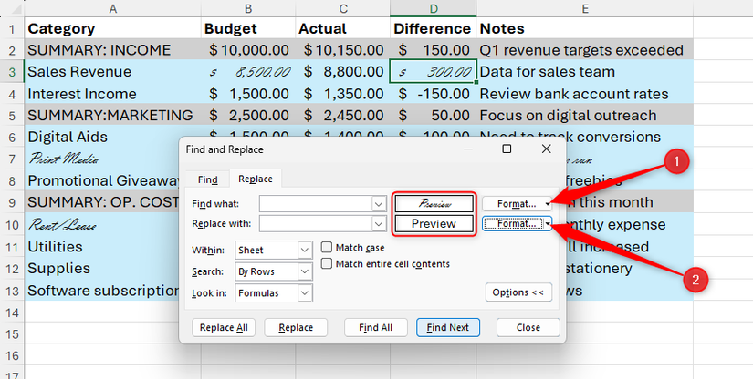 Выбор шрифтов в окне поиска и замены Excel.